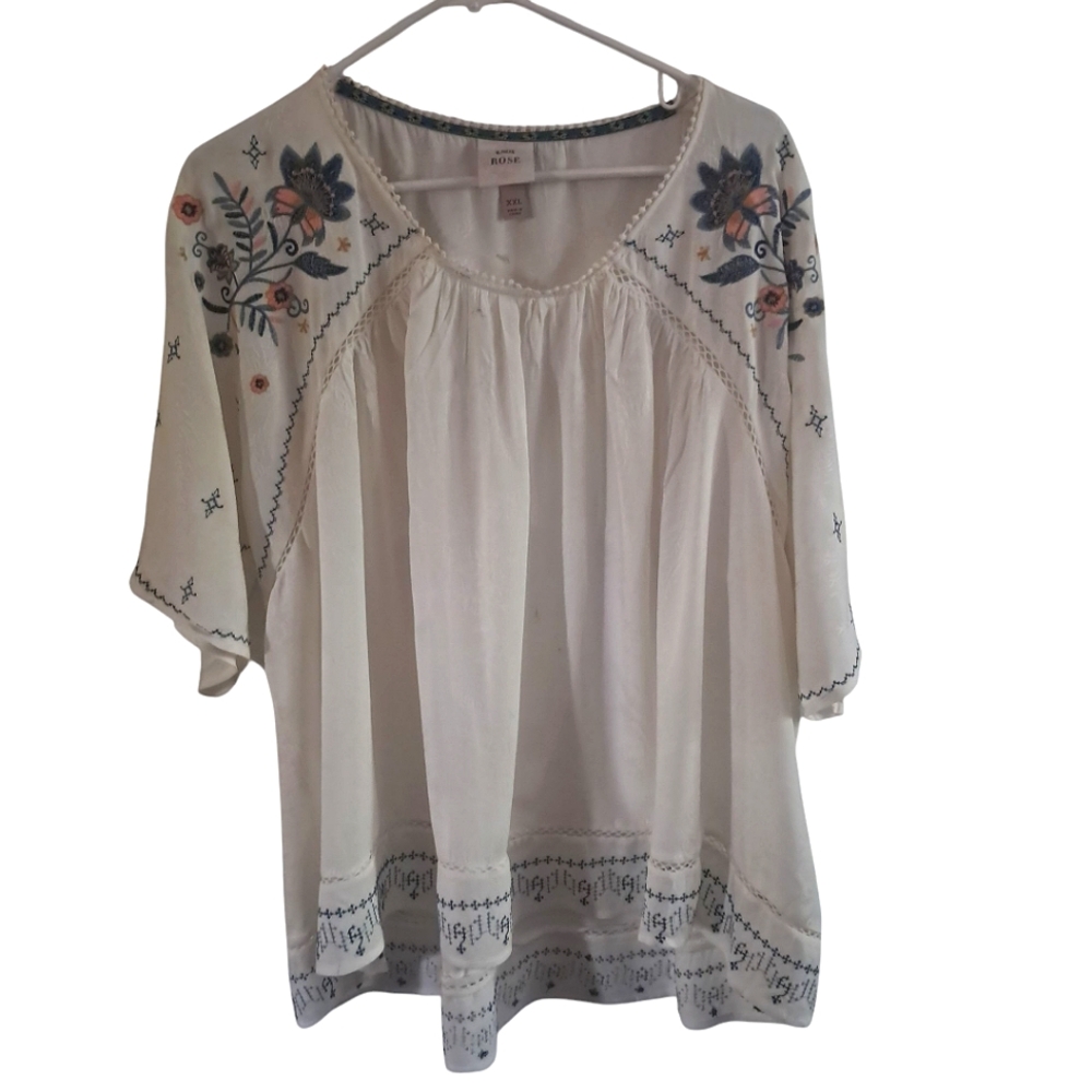Knox Rose White Peasant Blouse with Blue and Coral Floral Embroidery